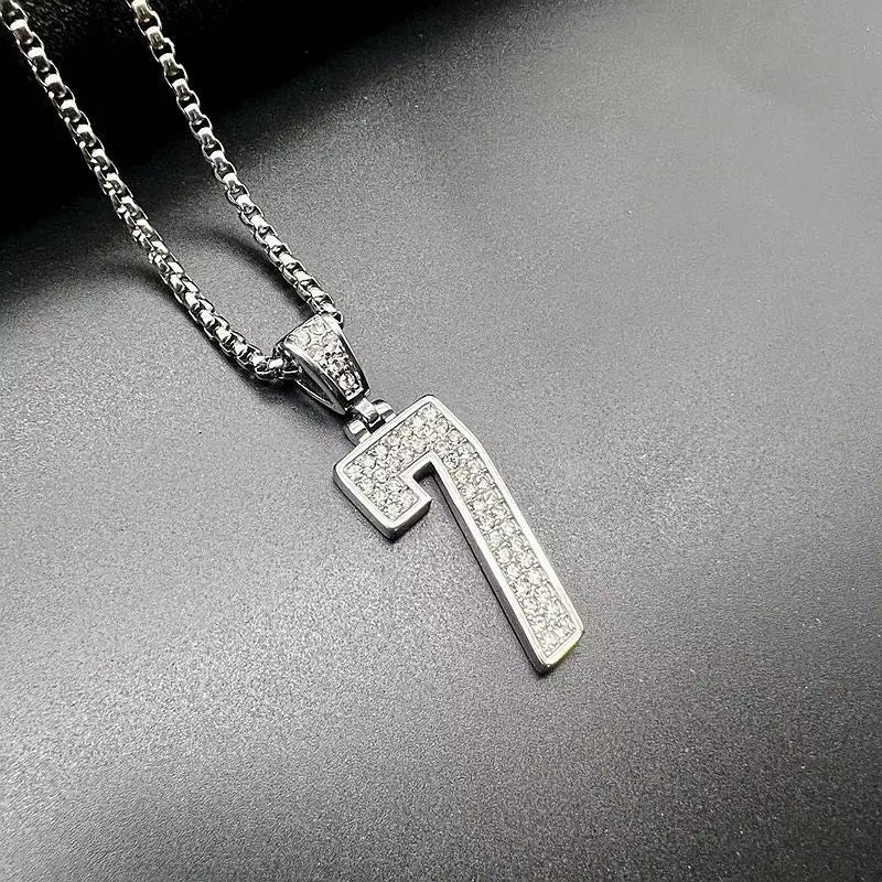 Stainless Steel Titanium Hip Hop Number 7 Bling Iced Out Pendant Collar Chain Necklace for Men Women Couple Gift