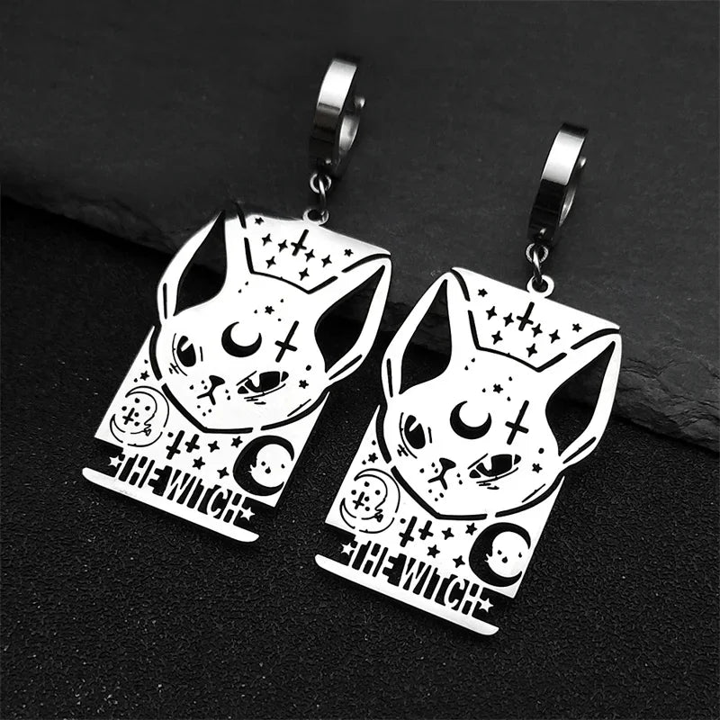 Cat Silver Earrings Gothic Witch Moon Long Hoop
