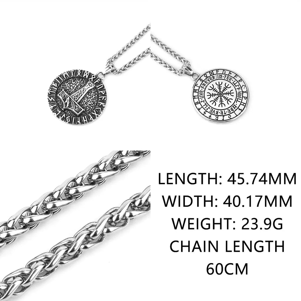 Viking Thor's Hammer Round Pendant Necklace — Stainless Steel