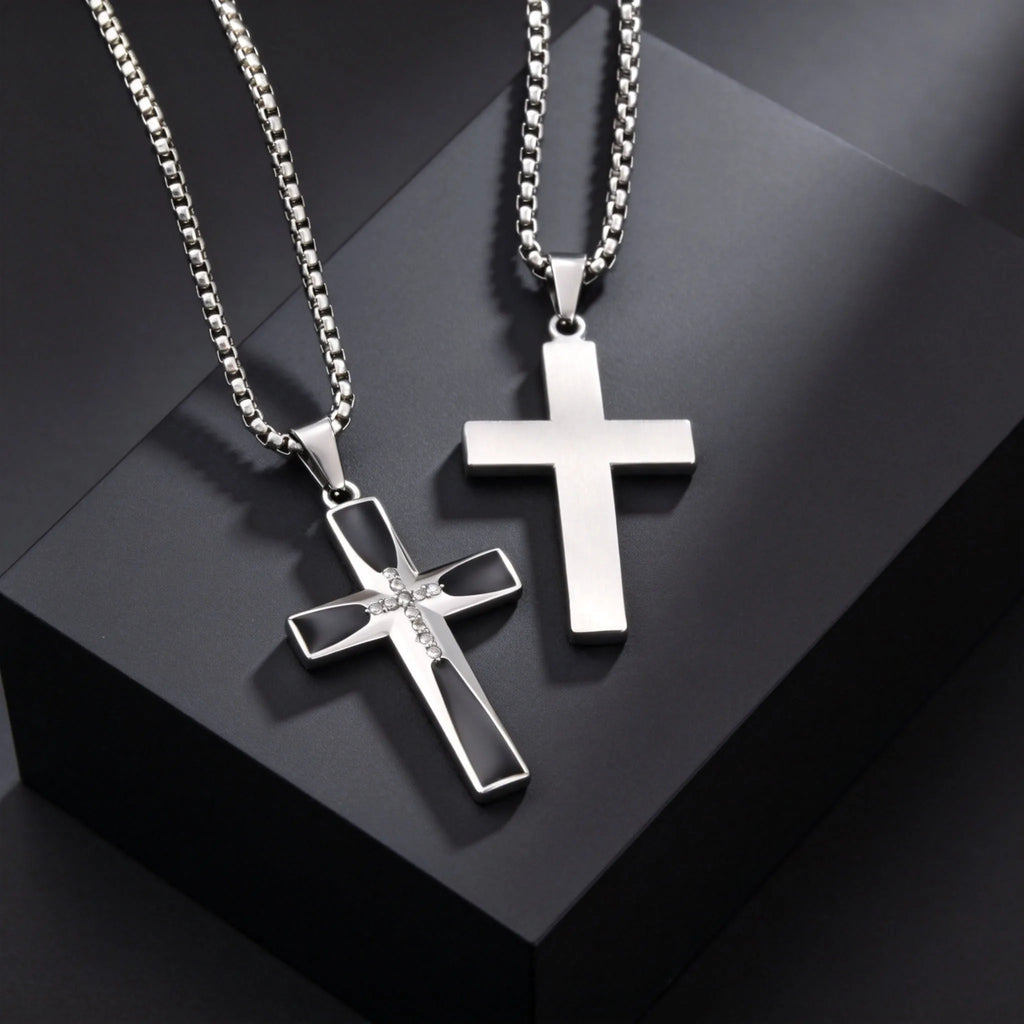 Zircon Cross Pendant Necklace for Men — Stainless Steel