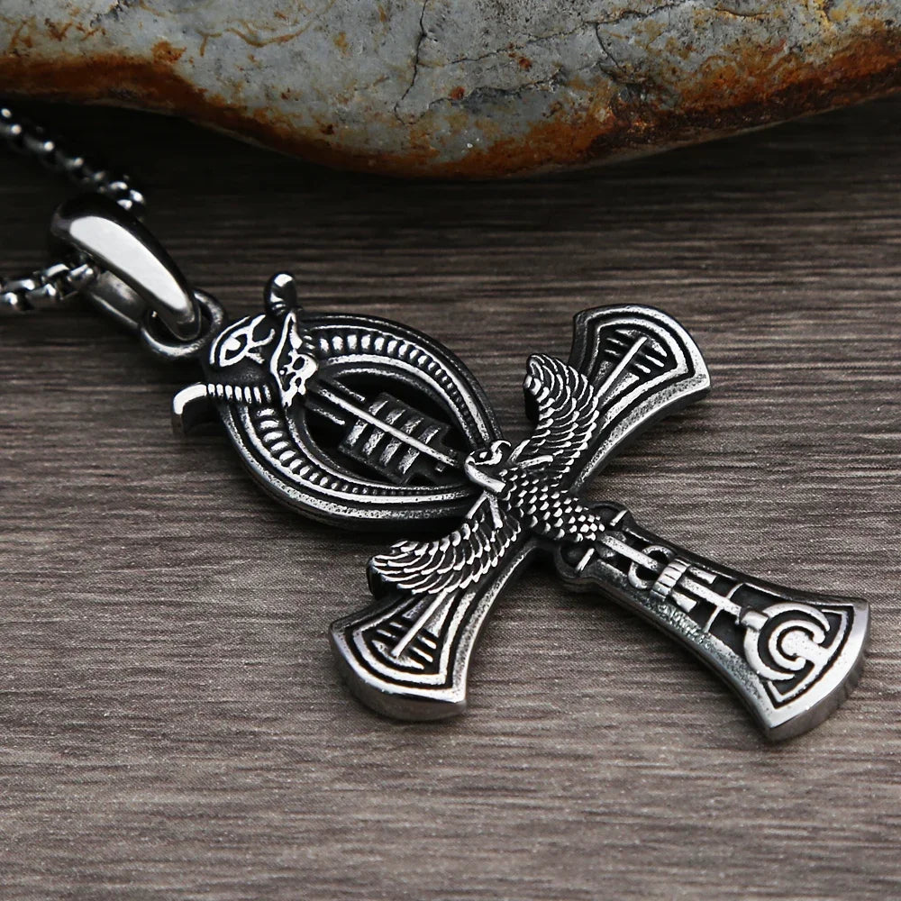Unique Vintage Ankh Cross Necklace Unisex Stainless Steel Eye Of Horus Amulet Pendant Egyptian Jewelry Gifts