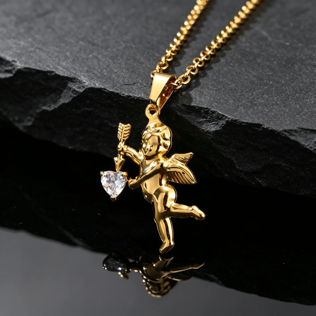 Gold Color Stainless Steel Cupid Pendant Necklace,Love CZ Bow Arrow Cupid Pendant Necklace,Pray for Beautiful Love Jewelry