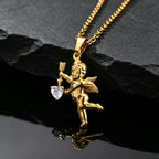 Gold Color Stainless Steel Cupid Pendant Necklace,Love CZ Bow Arrow Cupid Pendant Necklace,Pray for Beautiful Love Jewelry