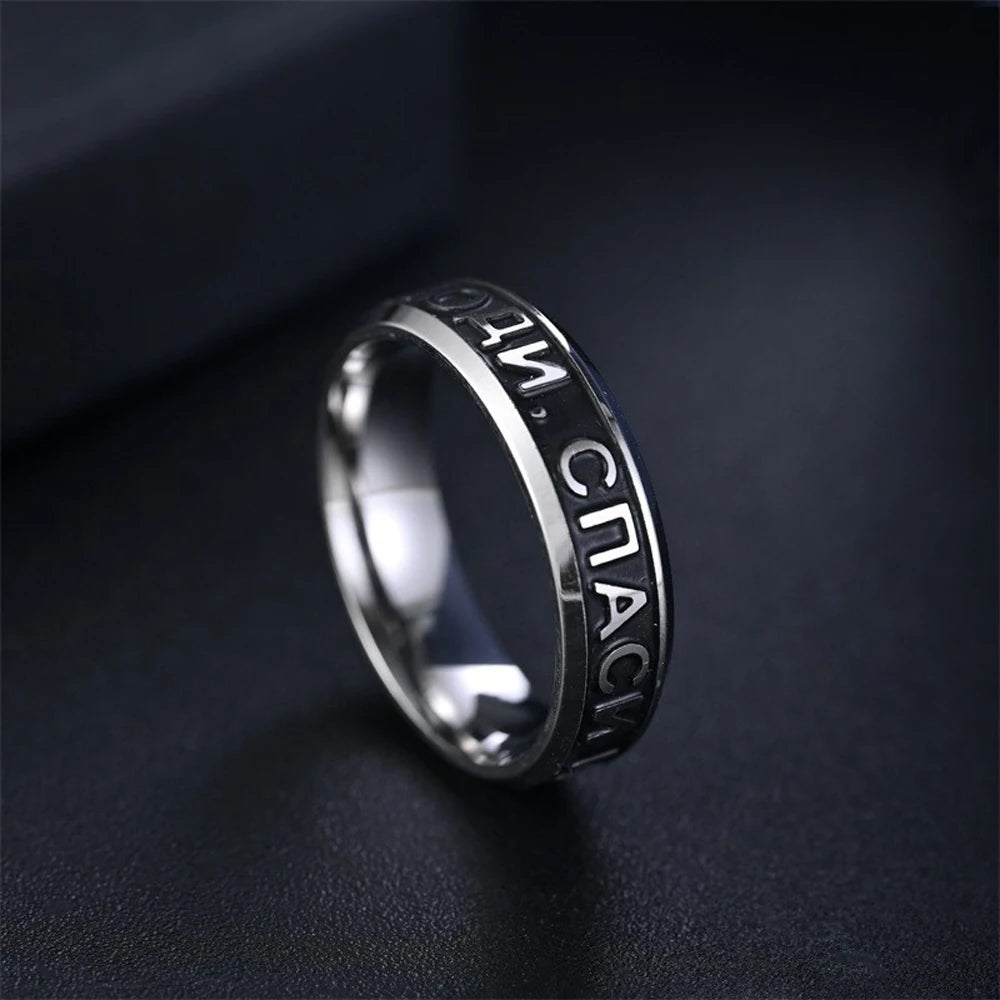 Orthodox Russian Christian Ring for Men Women 316L Stainless Steel Prayer Bands Religious Inscription Vintage Jewelry