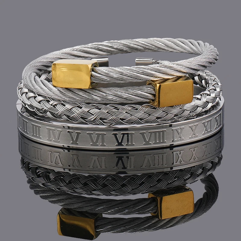 3pcs Luxury Stainless Steel Man Bracelet Set Roman Number Bangles Women Jewelry Couple Gift