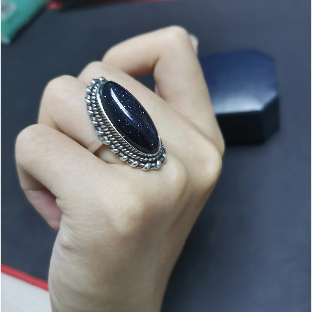 Retro Silver Ring Jewelry Vintage Blue Sandstone Large Stone Luxury Elegant Ring Fine Gift Rings for Women Men