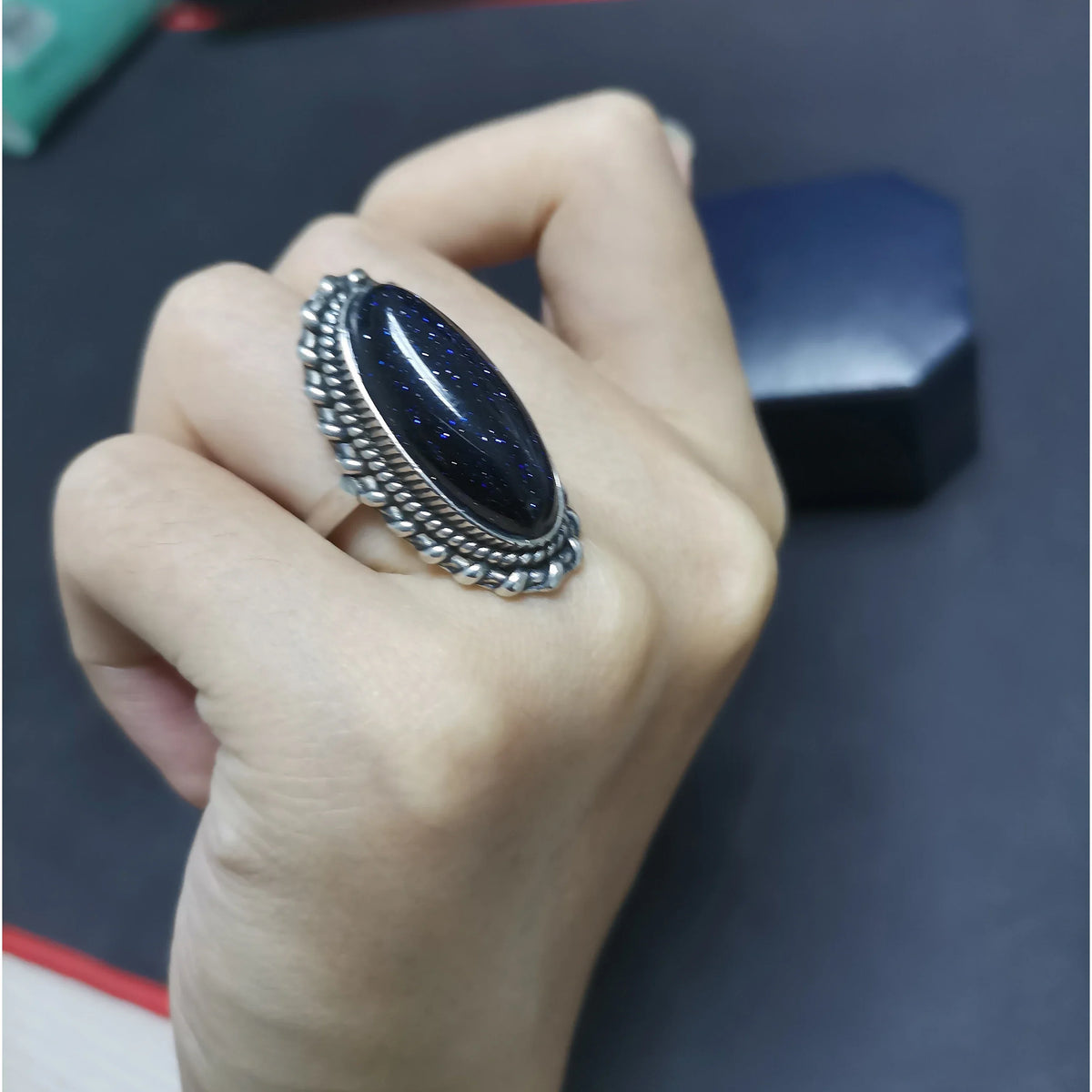 Retro Silver Ring Jewelry Vintage Blue Sandstone Large Stone Luxury Elegant Ring Fine Gift Rings for Women Men