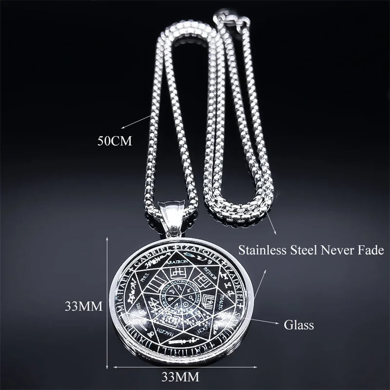 Seal of Seven Archangels Medal Stainless Steel Glass Necklace Seal of Solomon Talisman Necklace Protection Jewelry