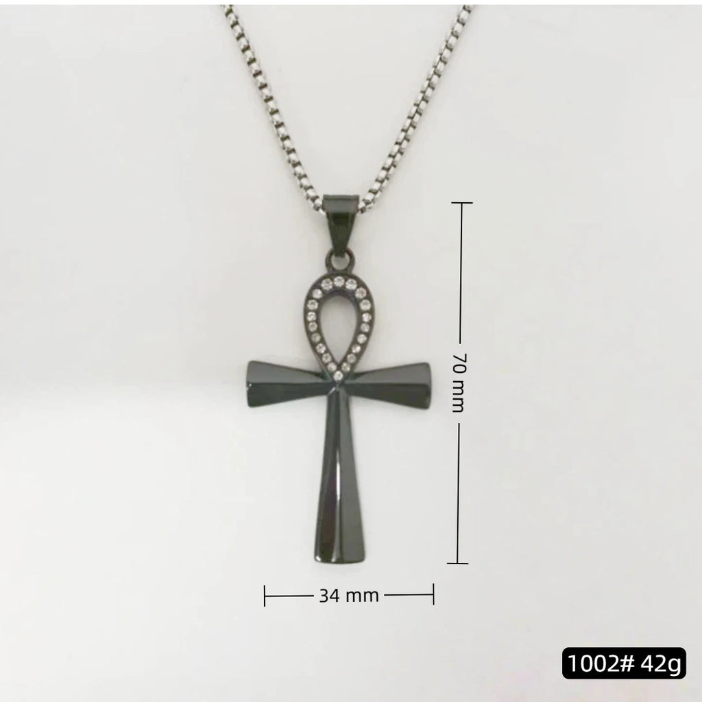 New Egypt Black Big Ankh Cross Pendant Necklace For Women Men Silver Plated Key of Life Stainless Steel Egyptian Jewelry