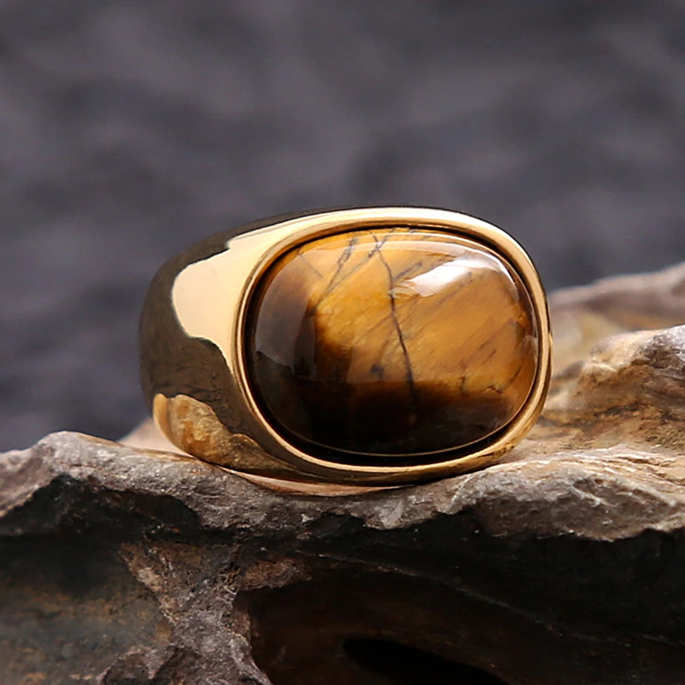 Simple Vintage Tiger Eye Brown Stone Rings For Men Women Stainless Steel Punk Biker Fashion Party Jewelry Gifts Dropshipping