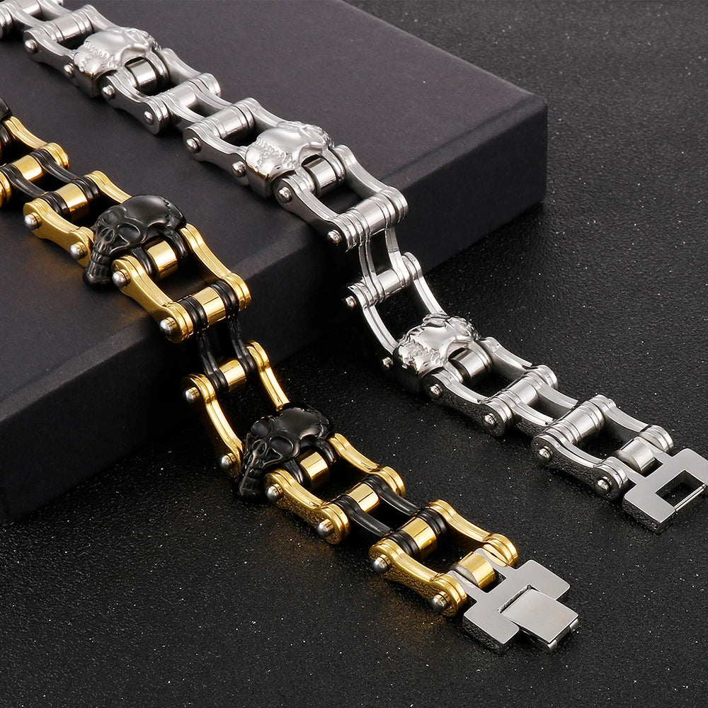 Men's Bike Skull Chain Bracelet Masculine Red Stainless Steel Skeleton Heads Link Bracelets Party Accessories for
