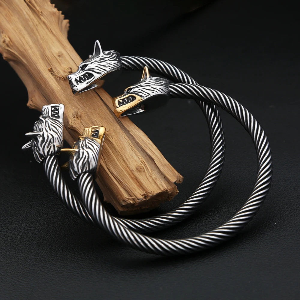 Viking Double Wolf Head Bracelet — Stainless