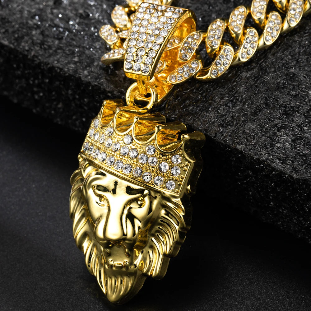 3D Crown Lion Head Cuban Pendant — Stainless Steel