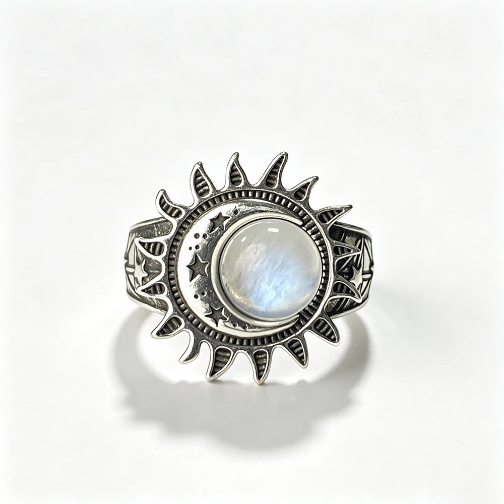 Sun Star Moon Cabochon Ring — Silver-Tone Bohemian