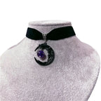 Gothic Temperament Black Human Face Moon Amethyst Round Bead Pendant Velvet Necklace for Women Men Halloween Party Jewelry Gifts