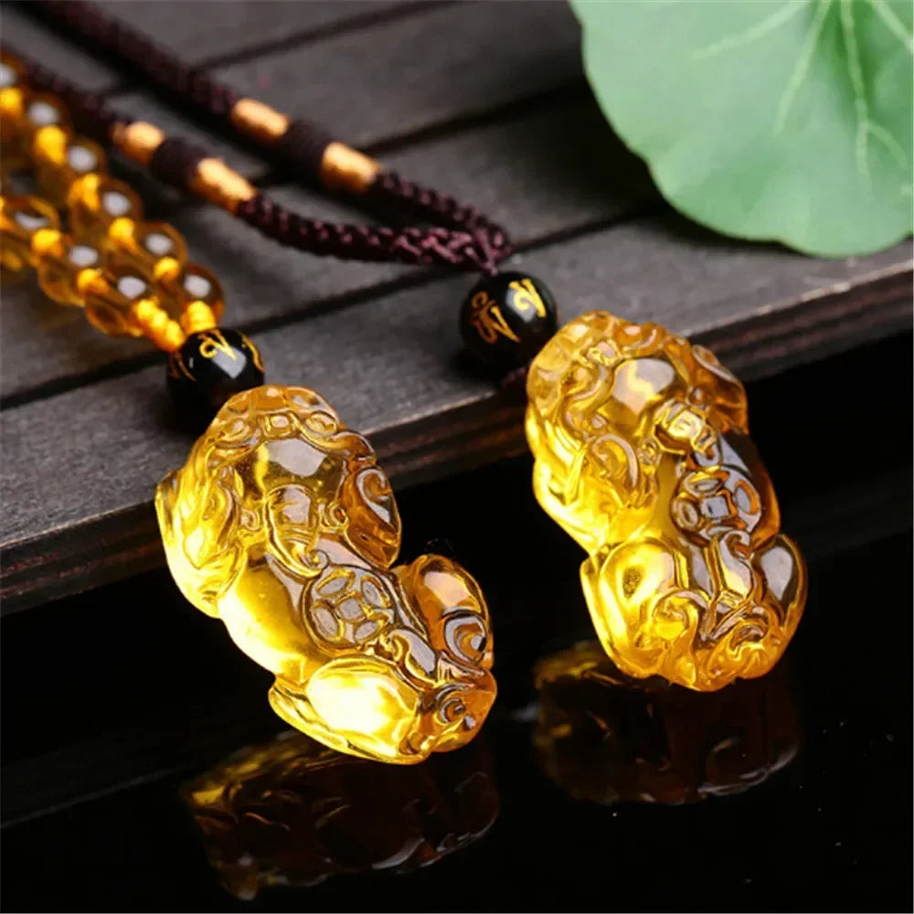 Citrine Pixiu Wealth Pendant Necklace — Crystal Amulet