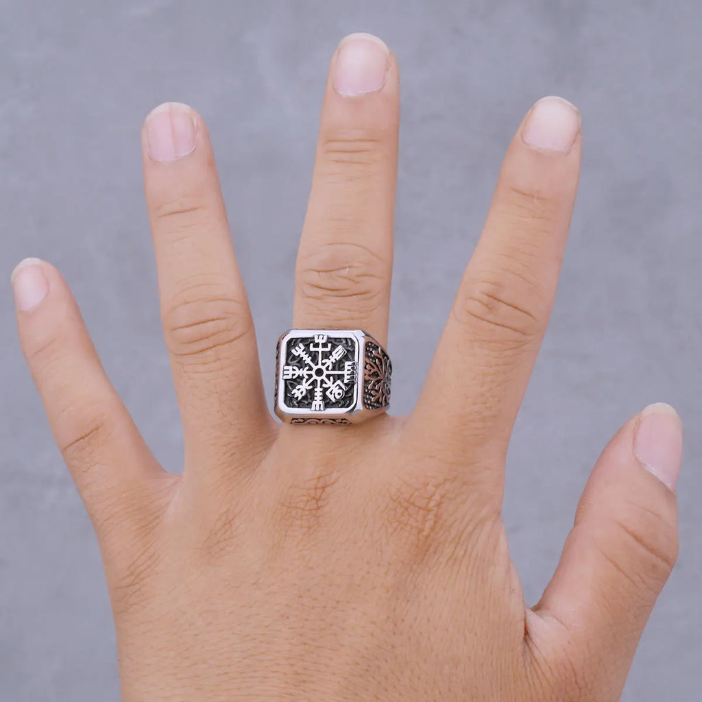 Vintage Viking Helm of Awe and Tree of Life Ring Men's Rune Statement Nordic Vikings Totem  Biker Ring Stainless Steel Jewelry
