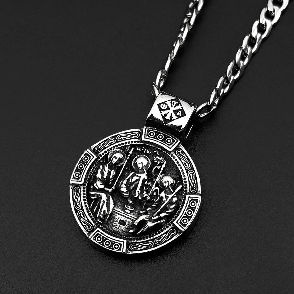 Vintage Orthodox Icons Holy Trinity Round Pendant Necklace for Men Stainless Steel Silver Color Chritian Amulet Chain