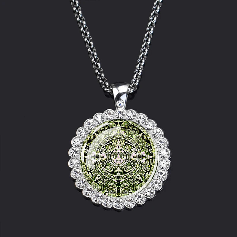 Aztec Calendar Pendant Necklace — Ancient Mexico Art, Rhinestone