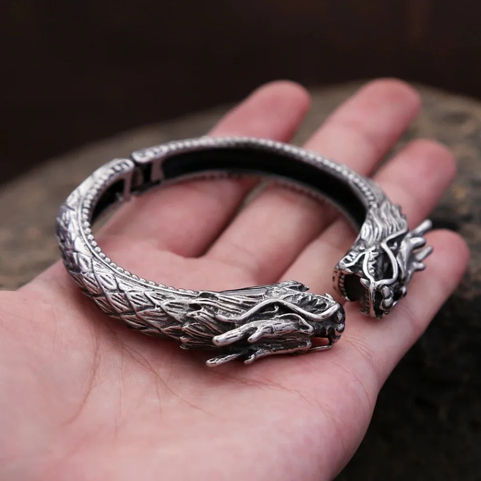 New Vintage Double Dragon Head Bracelets For Men Punk Hip Hop Biker 316L Stainless Steel Vikings Animal Bracelet Amulet