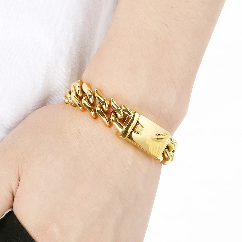 Polished 15mm Cuban Link Bracelet for Man Luxury Waterproof Gold Color Stainless Steel Men's Chain Bracelets Fashion
