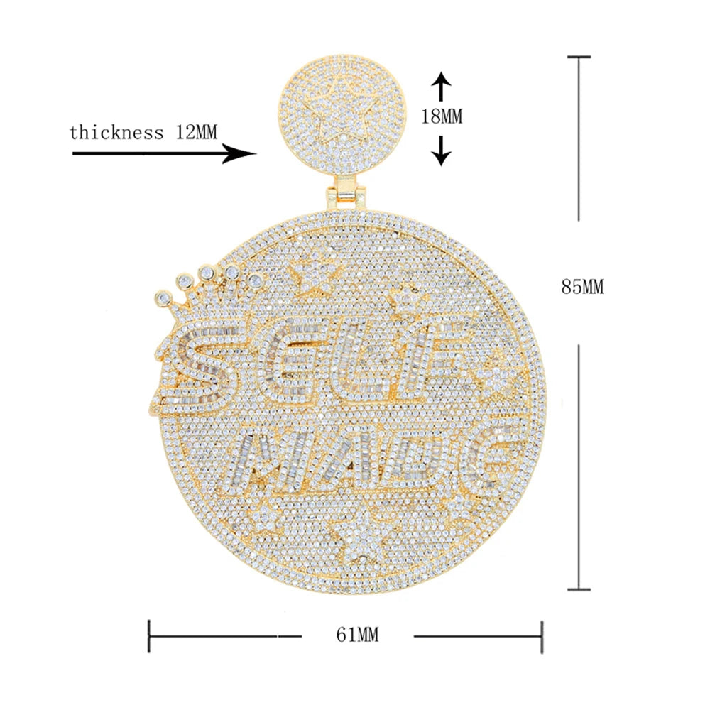 Iced Out Self Made Pendant Necklace Big Silver Color Cubic Zirconia CZ Heavy Chunky Letter Round Star Charm Hip Hop