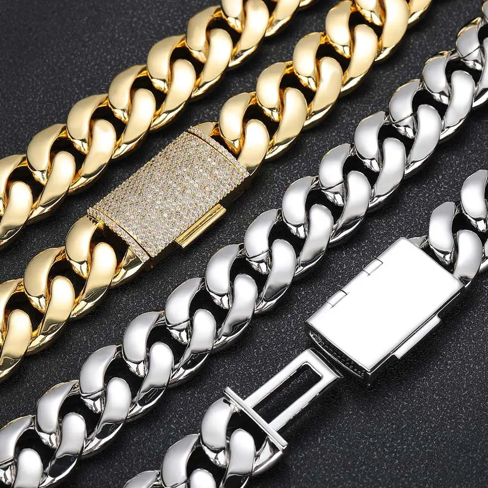 Gold Cuban Chain Necklace Iced Out 18K 12/22MM