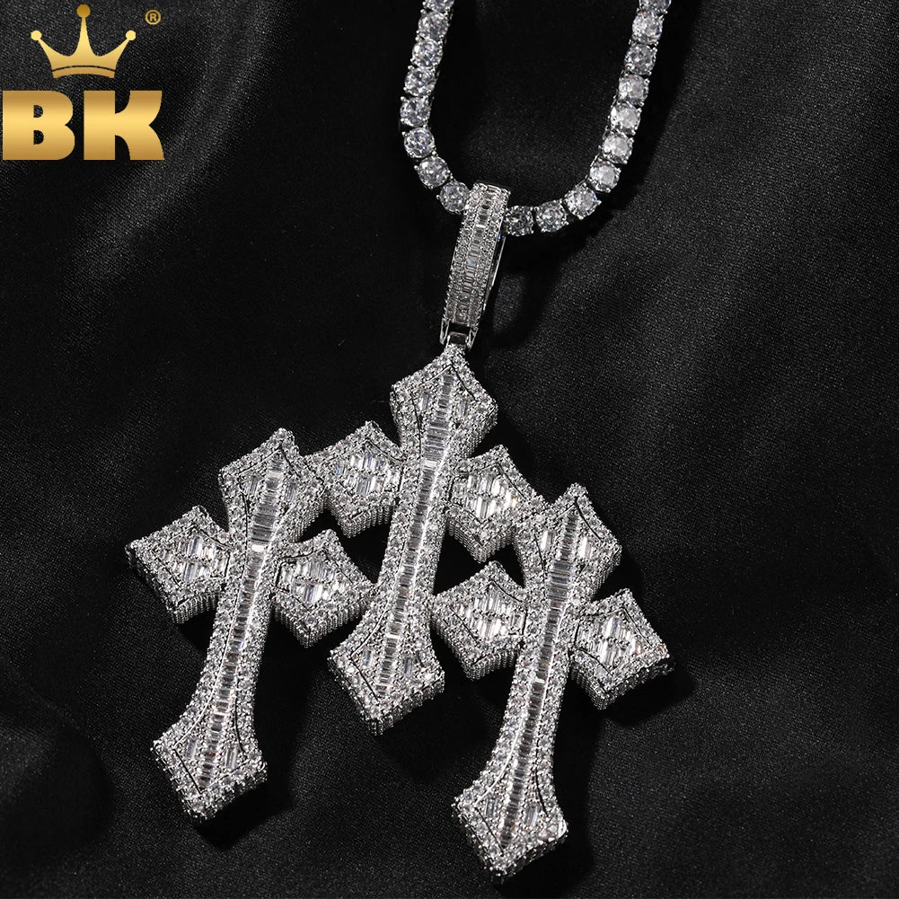 THE BLING KING 3pcs Cross Set Pendant Necklace Iced Out Baguettecz Cubic Zirconia Link Chain Luxury Hiphop Jewelry For
