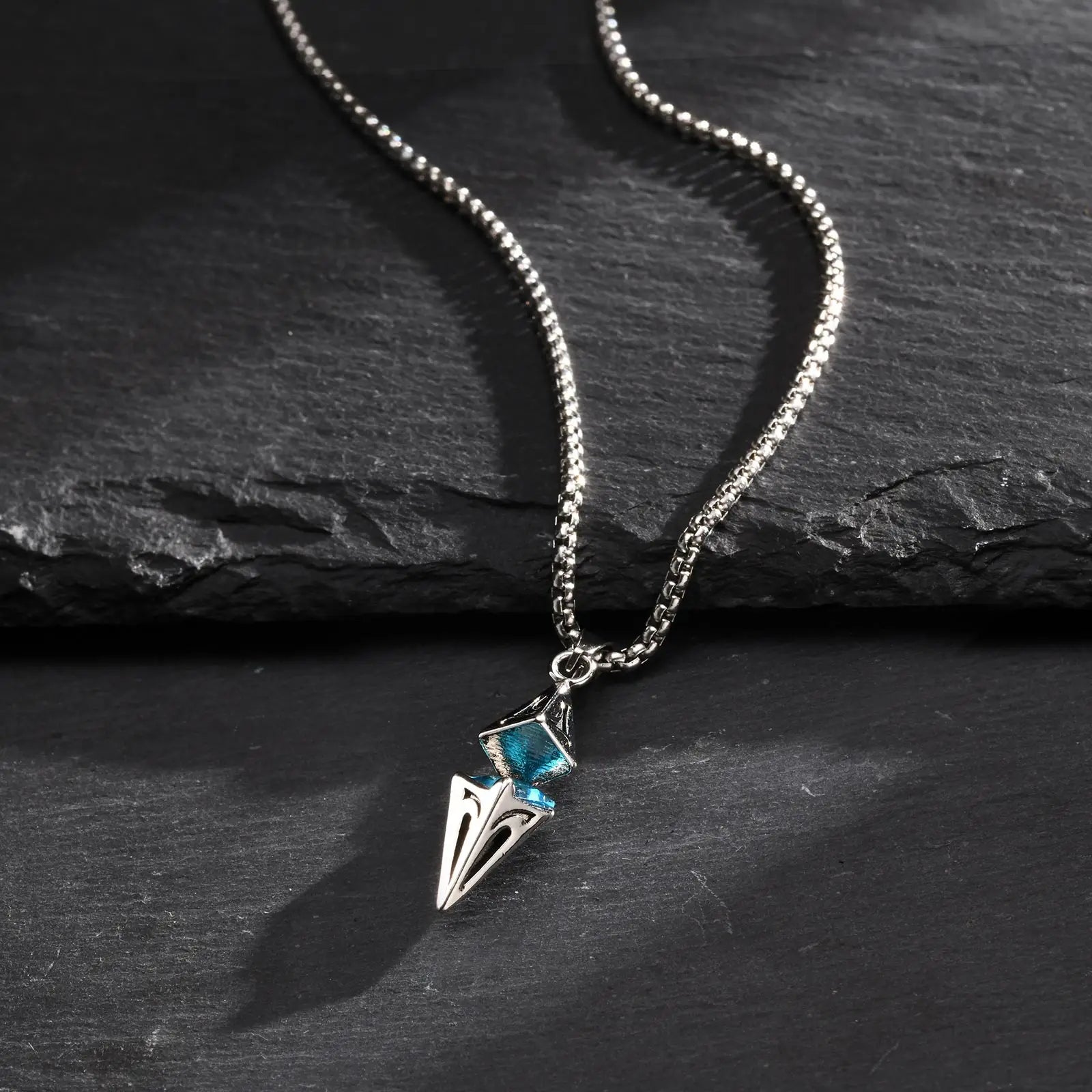 Blue Stone Geometric Pendant Necklace — Stainless Steel