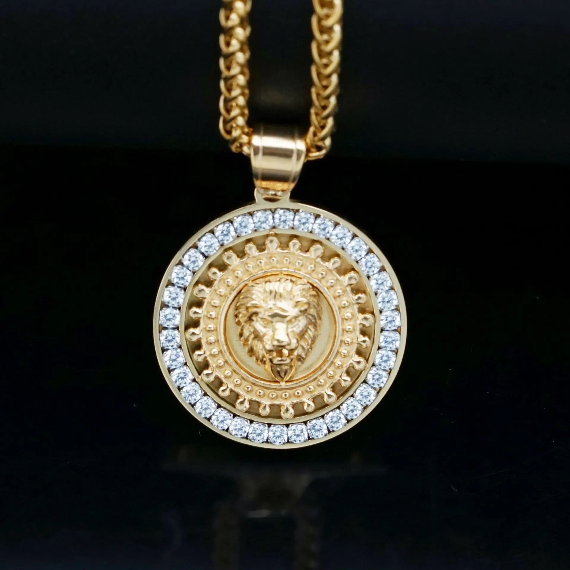 Lion Head Rhinestone Pendant Necklace — Stainless Steel
