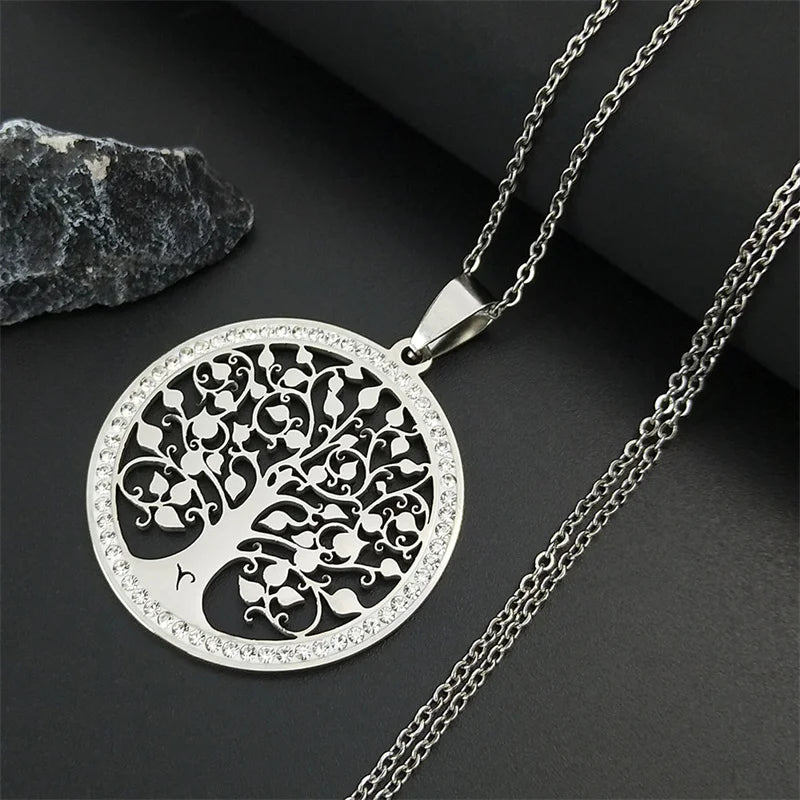 Iced Out Tree of Life Silver Necklace — Stainless Steel