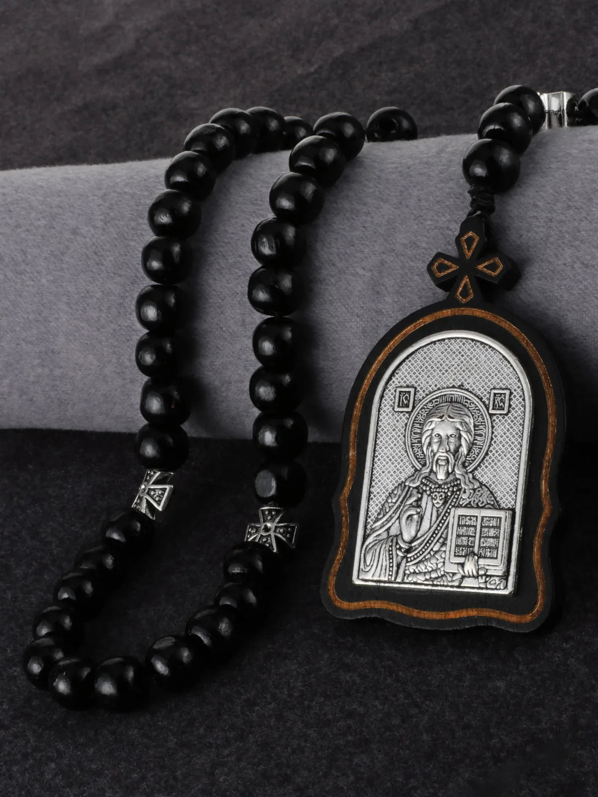 Russian Orthodox Icon Wood Rosary Pendant Necklace Prayer Beads
