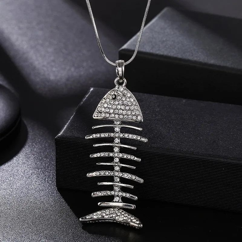 Fish Bone Necklace Rhinestone Skeleton Pendant Sparkly Chain Choker Hip Hop Jewelry Edgy Fashion Accessory Gift