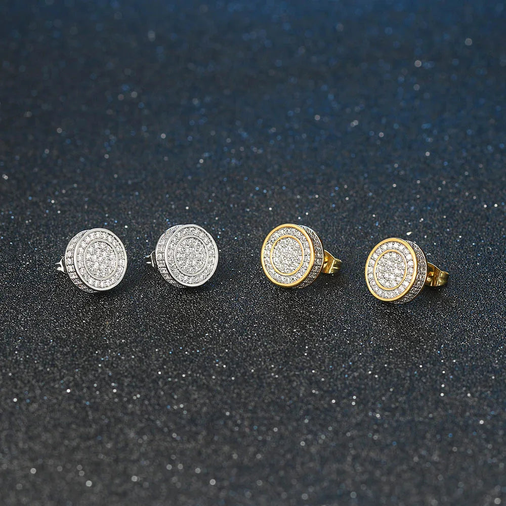 Iced Out Round Stud Earrings — Gold