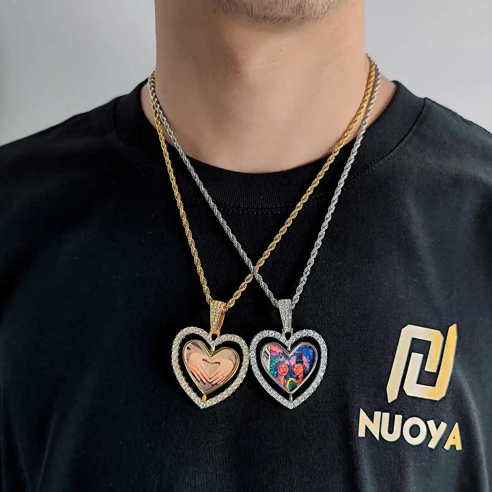 Iced Out Heart Photo Pendant Necklace