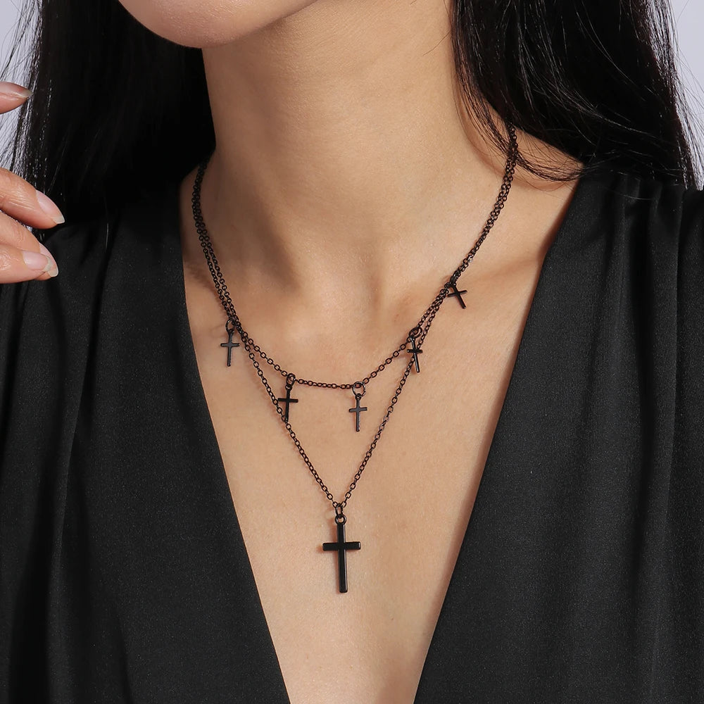 Gothic Black Cross Necklace for Women Men Metal Punk Choker Necklaces Handmade Party Jewelry Accessories