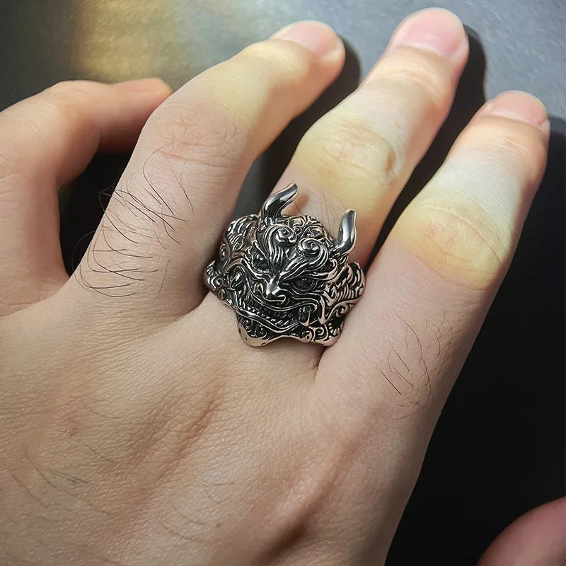 Retro Mahakala Mask Ring For Men Silver Color Punk Gothic Rock Hiphop Adjustable Open Ring Jewelry Biker Accessories
