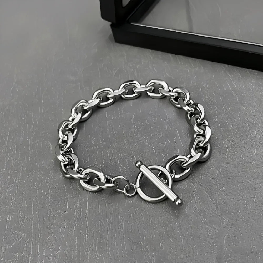 Simple Stainless Steel Men Bracelet INS Silver Color OT Buckle O-Circle Chain Bracelet Fashion Women Jewelry Fashion
