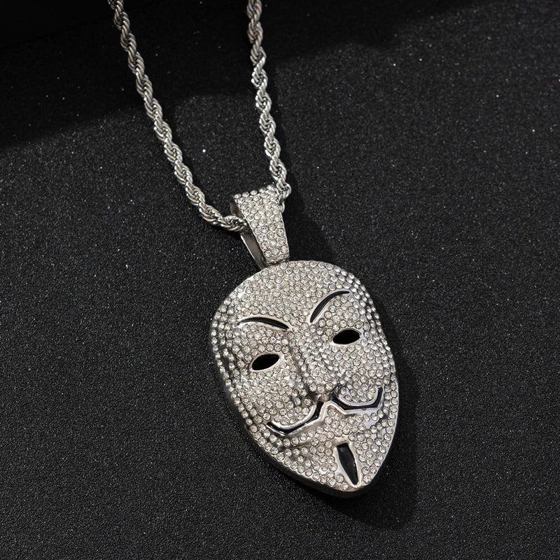 Men Women Hip Hop Large Rhinestone Mask Pendant Necklace With Twist Rope 4mm Tennis Chain HipHop Necklaces Fashion Jewelry Gift