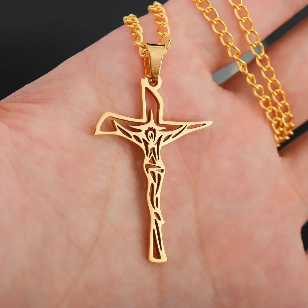 Jesus Cross & Saint Benedict Pendant Necklace — Stainless Steel