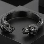 Stainless Steel Wolf Head Cuff Open Bangle Bracelet Man Black Leather Elastic Adjustable Boys On Hand Bracelets Men‘s