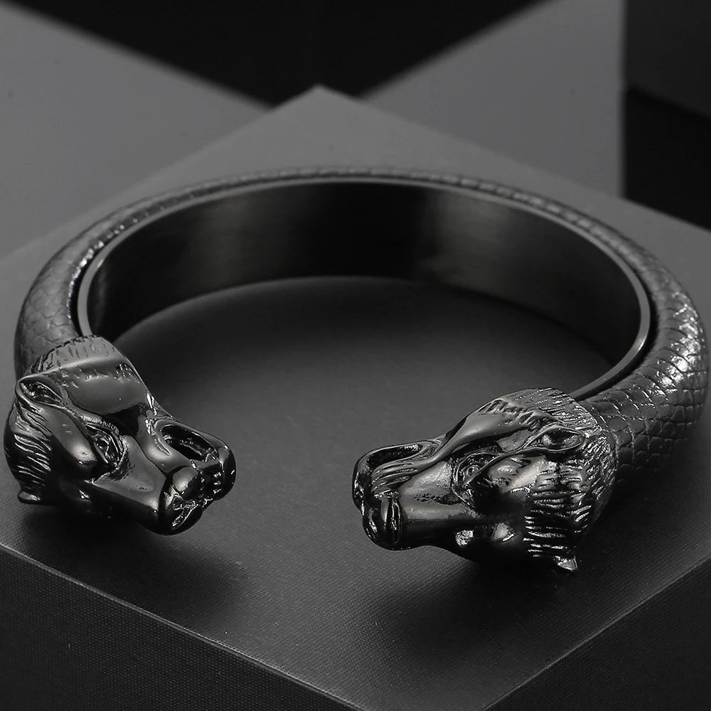 Stainless Steel Wolf Head Cuff Open Bangle Bracelet Man Black Leather Elastic Adjustable Boys On Hand Bracelets Men‘s