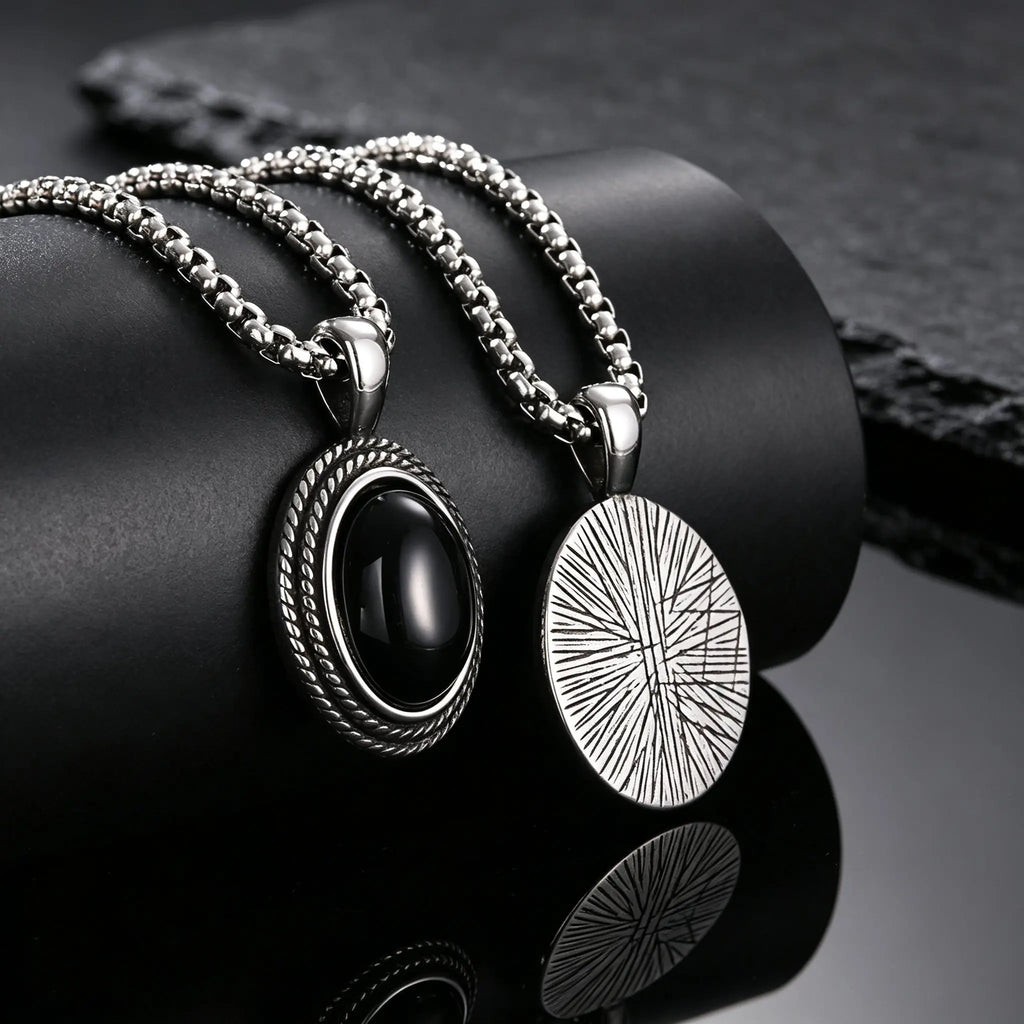 Stylish Black Natural Stone Pendant Necklace for Men,Vintage Stainless Steel Black Onyx Oval Pendant Neckalce Jewelry