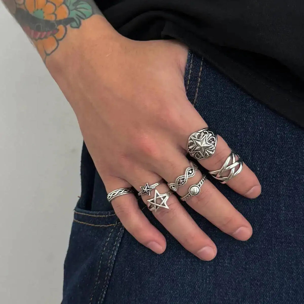 KunJoe 7 Pcs/Set Hip Hop Irregular Star Open Rings for Men New Punk Geometric Pentagram Adjustable Ring Male Jewelry