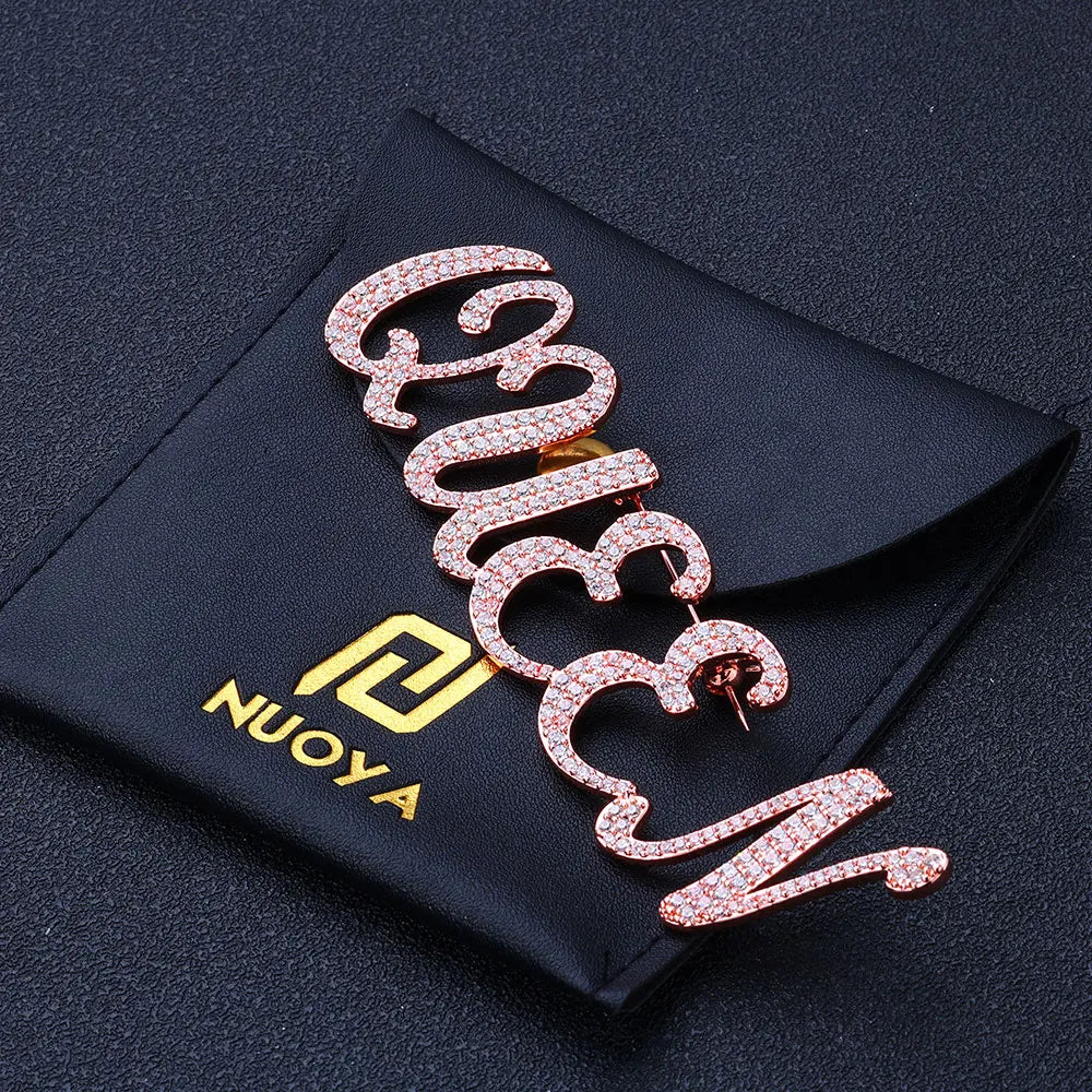 Iced Out Letter Name Pin Brooch Rose Gold