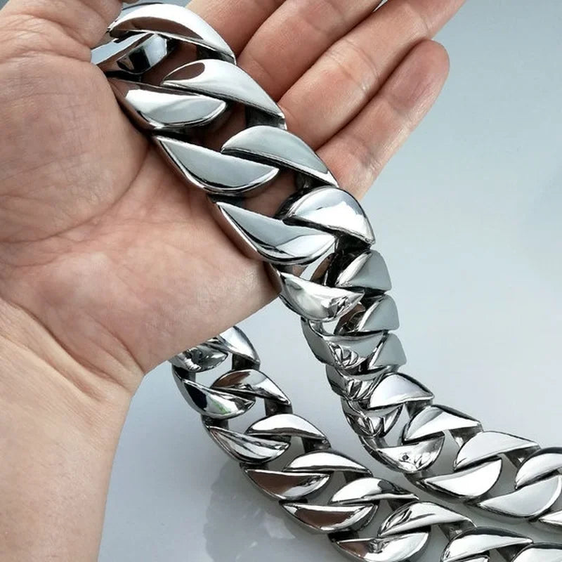 Silver Tone 32mm Width 316L Stainless Steel Polished Curb Solid Heavy Long Chain Jewelry