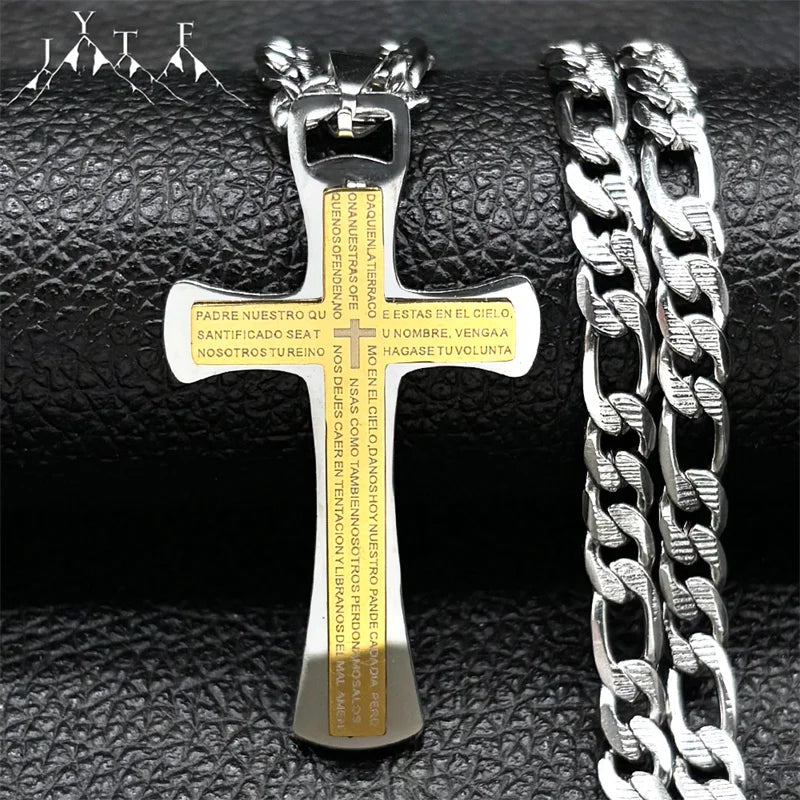 Lord's Prayer Jesus Cross Pendant Necklace — Stainless Steel