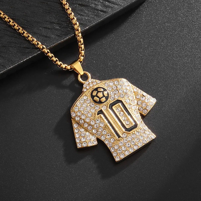 Full Zircon Pendant Necklace Hip Hop Cool Mumber 10 Super Soccer Star Fan Stainless Steel Clavicle Charming Jewelry Men
