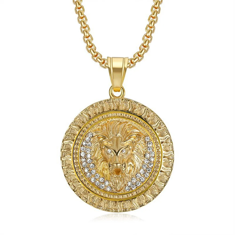 Iced Out Lion Head Round Pendant — Two-Tone