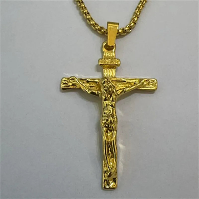 Jesus Crucifix Cross Pendant Necklace Wheat Chain 60cm — Two-Tone